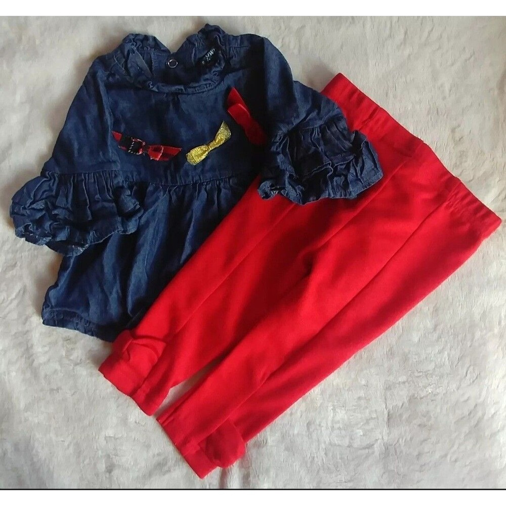 Shirt and pant 9 months Girls Crown and Ivy baby 2 piece outfit denim with bows